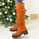 Руді чоботи жіночі замшеві на невисоих стійких підборах