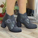 Черевики жіночі на стійких підборах, натуральна замша та шкіра сірого кольору
